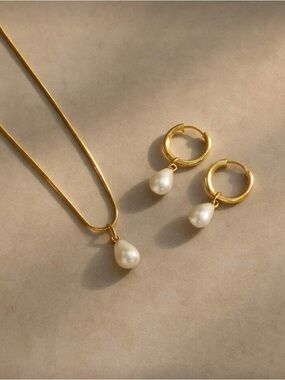 Gold-Tone Pearl Drop Necklace and Hoop Earrings Set
